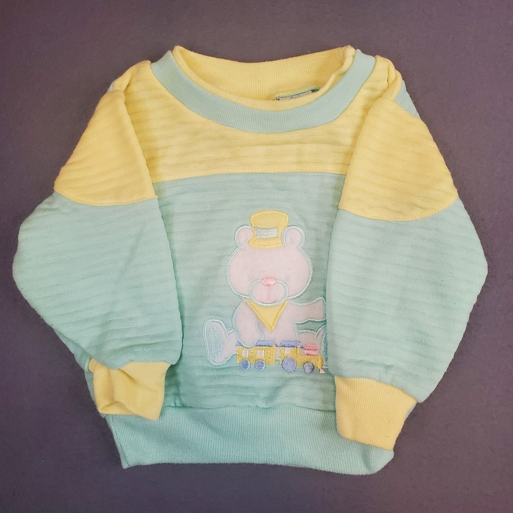 Vintage Little Miracles Quilted Sweatshirt‎ Teddy Bear Train Applique Sz 6/9 Mos